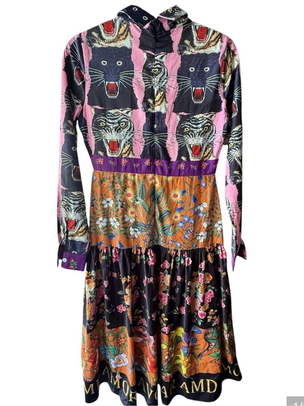 Gucci Tiger Panther Floral Patchwork Silk Shirt Dress Size Small